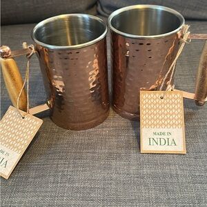 Copper Hammered Mugs with Wooden Handles
